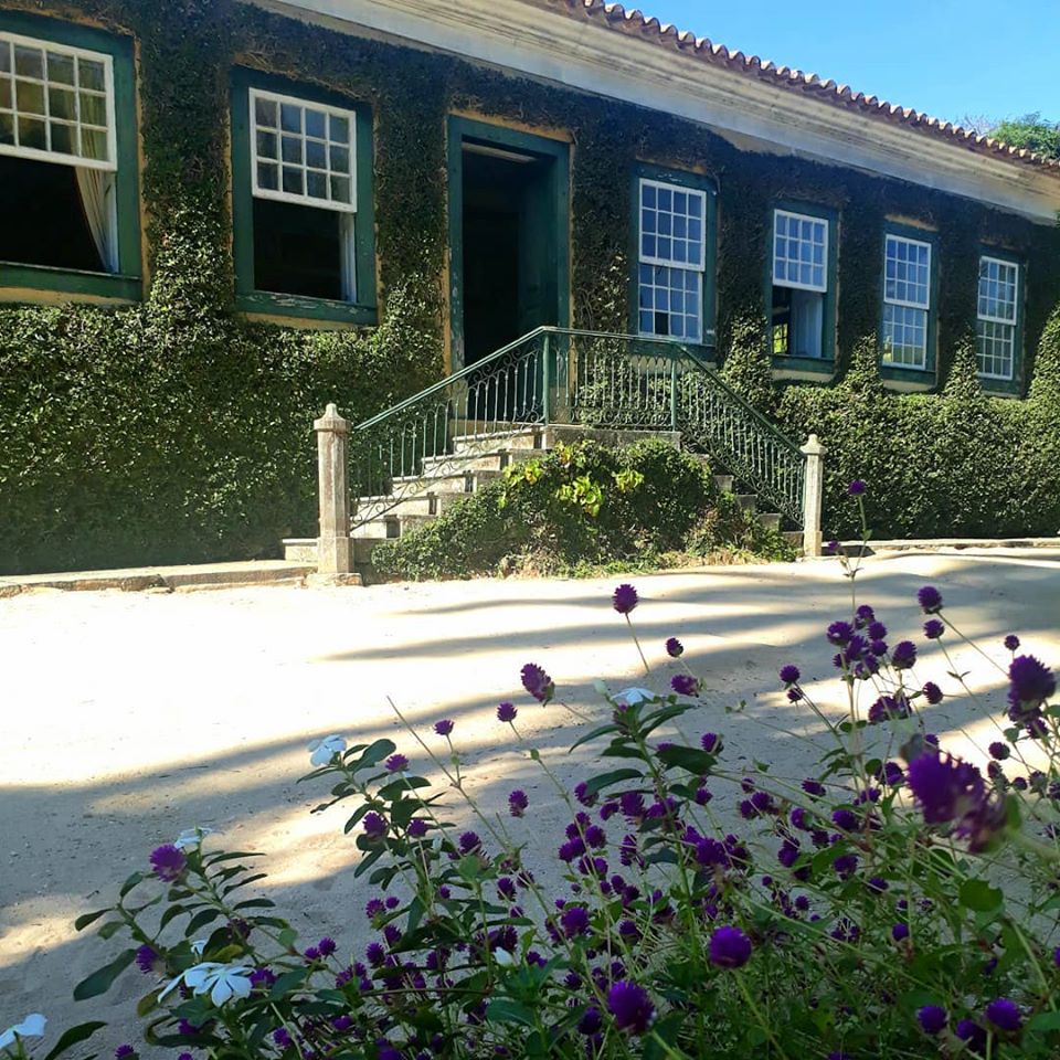 Fotografia da fachada principal do museu revestida por vegetação trepadeira. A construção possui cobertura em telhas cerâmicas e acabamento em cornija branca. Na imagem, é possível observar parte do edifício, com três janelas de madeira, tipo guilhotina, pintadas de verde e com venezianas internas, que ladeiam a porta central. A porta é acessada por escada de pedra com guarda-corpo metálico verde, com dois pilares baixos de pedra ao lado.