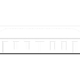 Desenho técnico da fachada do museu Forte Defensor Perpétuo, que mostra a edificação de pavimento único e simetria dos vãos entre janelas e portas, mostrando ritmo na composição. A cobertura apresenta quatro águas, com telhas cerâmicas e beiral estreito.