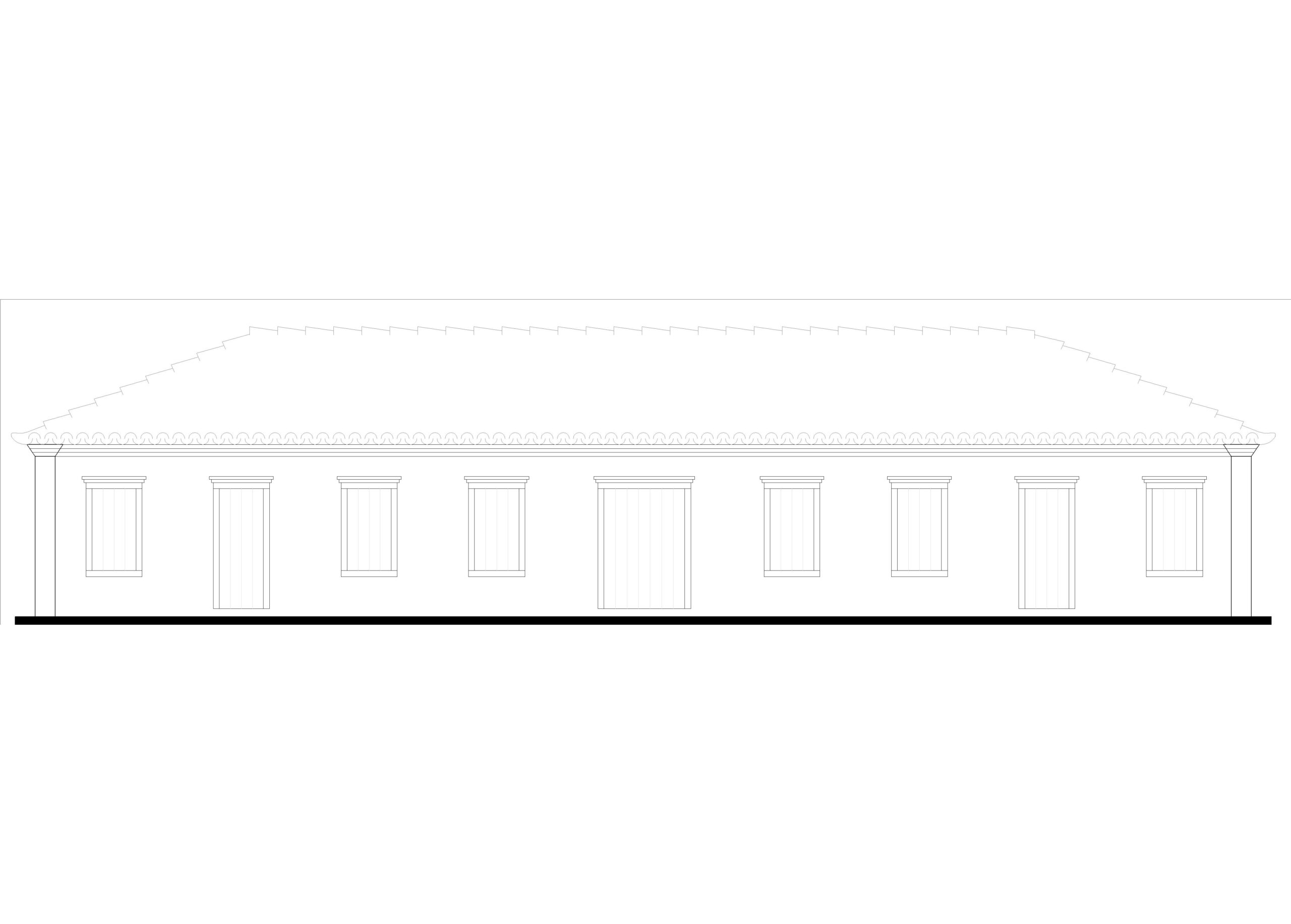 Desenho técnico da fachada do museu Forte Defensor Perpétuo, que mostra a edificação de pavimento único e simetria dos vãos entre janelas e portas, mostrando ritmo na composição. A cobertura apresenta quatro águas, com telhas cerâmicas e beiral estreito.