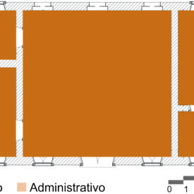 Desenho da planta baixa do Museu com espaços delimitados nas cores laranja para área de uso expositivo, que conta com oito espaços; na cor bege para área de uso administrativo que está distribuída em 5 salas. Na parte inferior da imagem, há uma legenda e, no canto direito, uma escala gráfica.