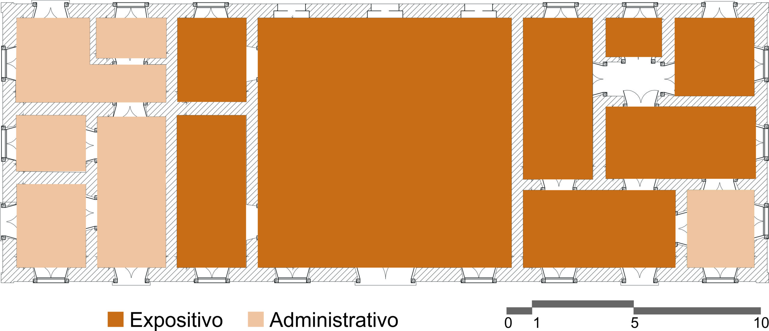 Desenho da planta baixa do Museu com espaços delimitados nas cores laranja para área de uso expositivo, que conta com oito espaços; na cor bege para área de uso administrativo que está distribuída em 5 salas. Na parte inferior da imagem, há uma legenda e, no canto direito, uma escala gráfica.